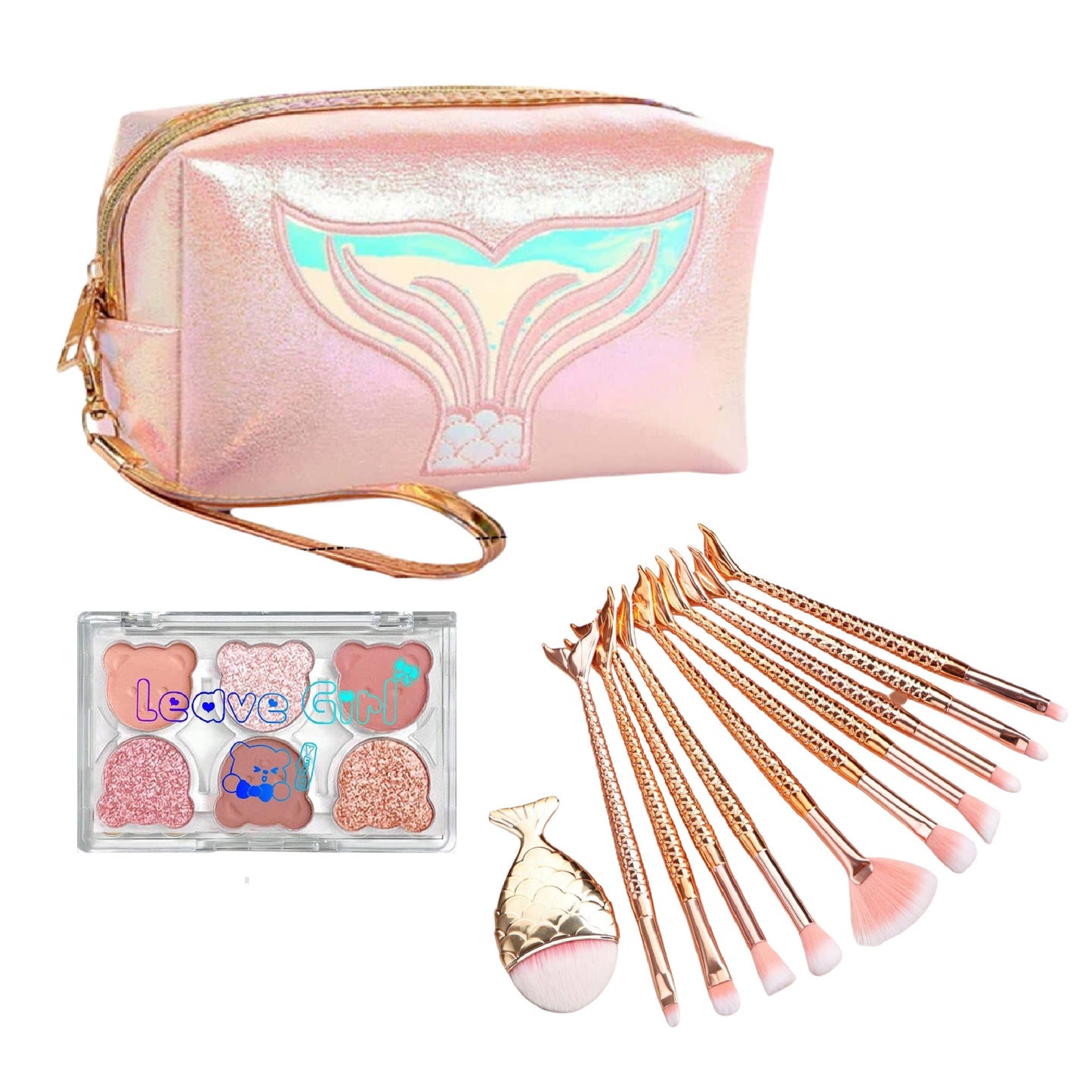 Mermaid Makeup Kit for girls Set includes makeup bag pouch Mermaid Tail with Mermaid Tail Makeup Brushes and Glitter Eye Shadow Palette Gift Set for tween Birthday in custom RNR Advantage gift box